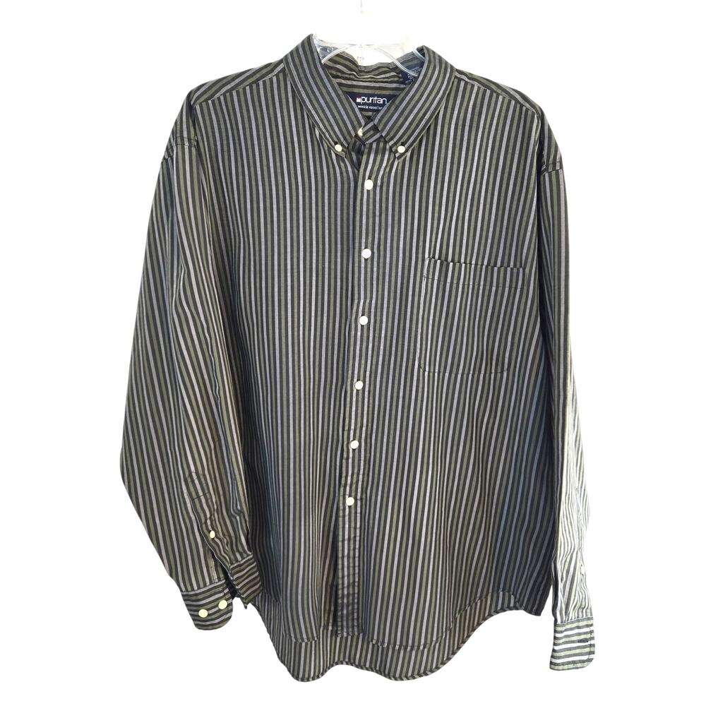 Puritan Men's XL Shirt Green Strip Dress Button Down Top Size 46 48